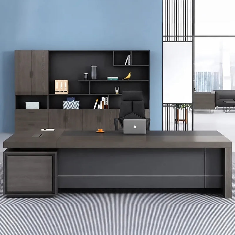 Carlaw executive desk front-on with silver trim and drawer pedestal