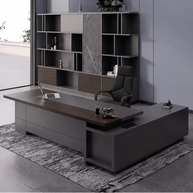 Carwin desk, left return, in a CEO office with display shelving