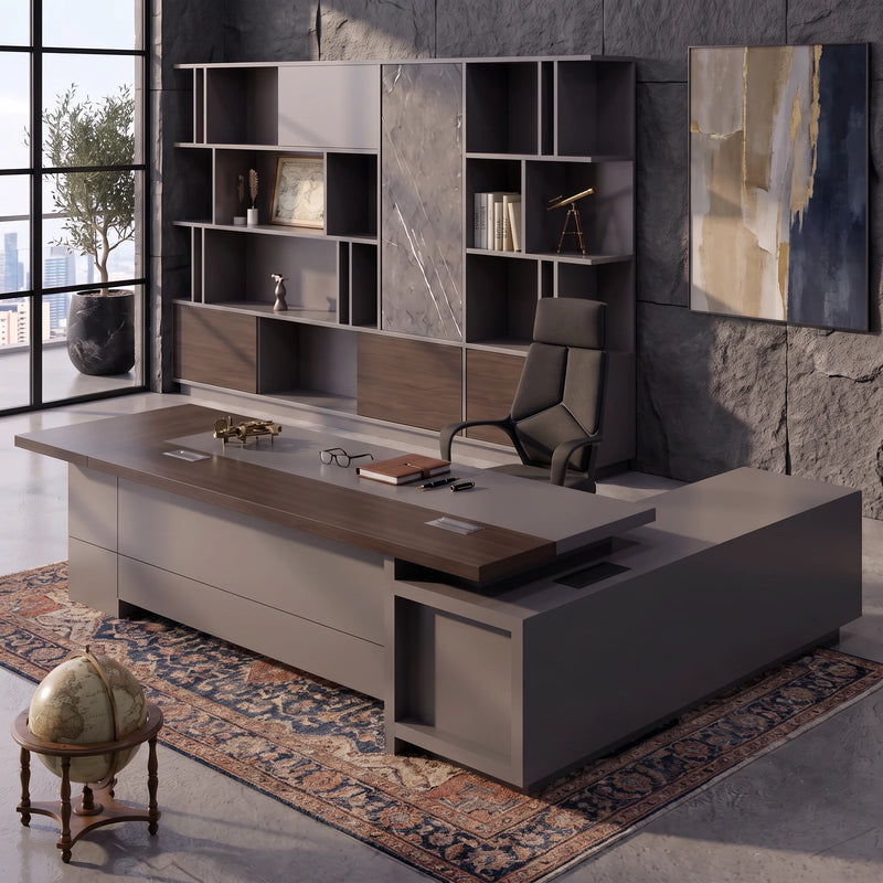 Carwin desk, left return, in a CEO office with display shelving