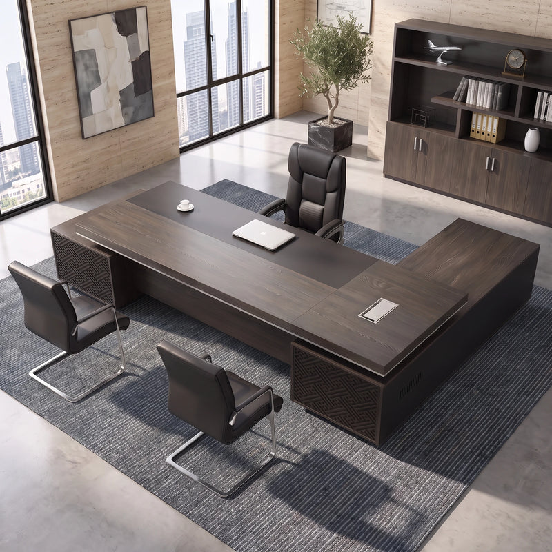 Caspian desk, left return, with two guest chairs pulled up