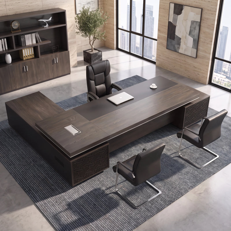 Caspian desk, right return, set for meetings with leather guest chairs