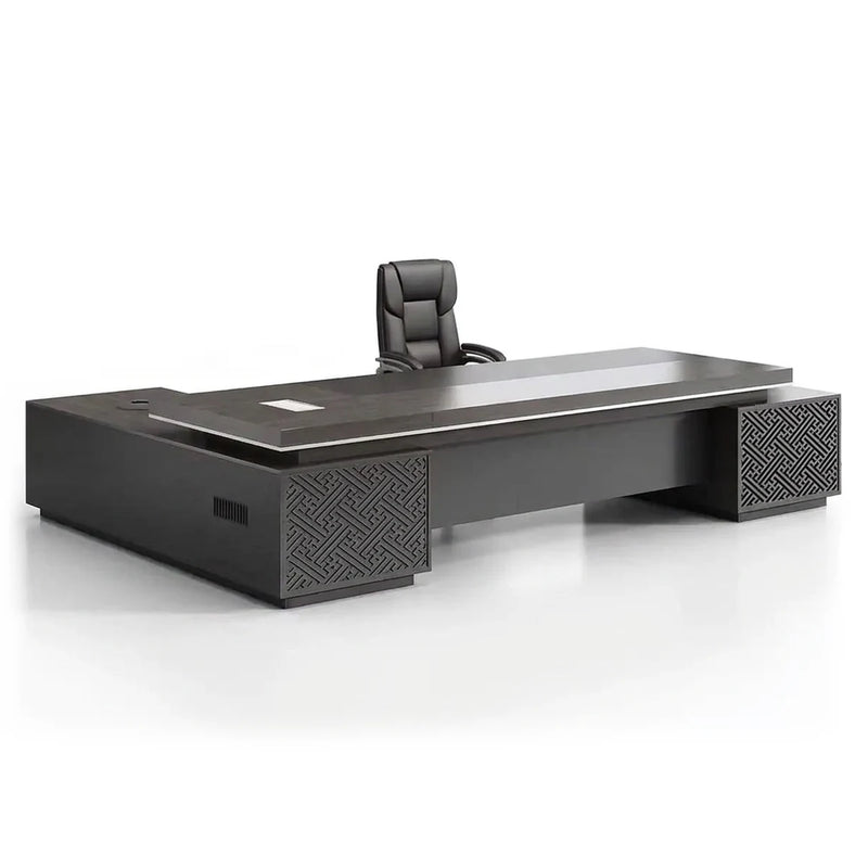 Caspian executive desk in gray oak with fretwork-patterned pedestals
