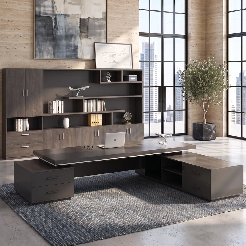 Caspian L-shaped desk in gray oak in a corner office with sofas