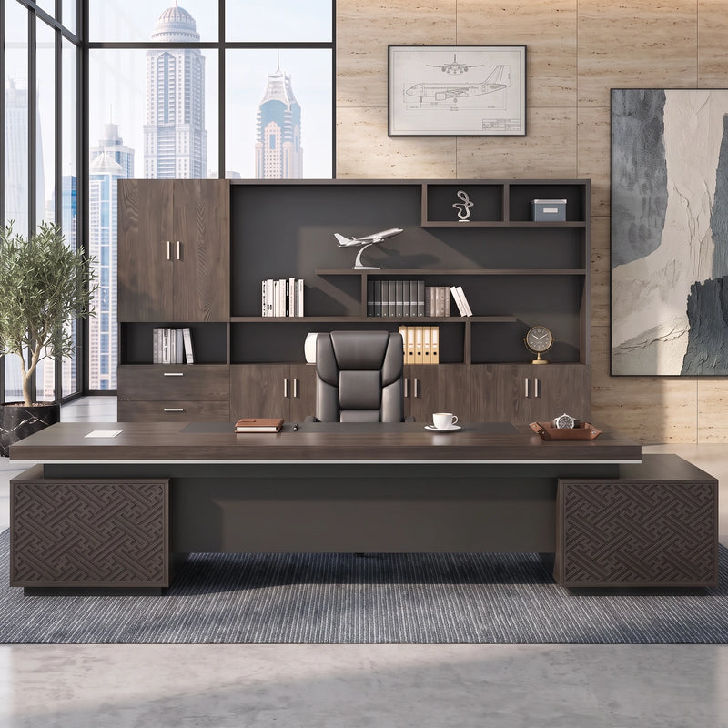 Caspian desk centered before a backlit executive bookcase
