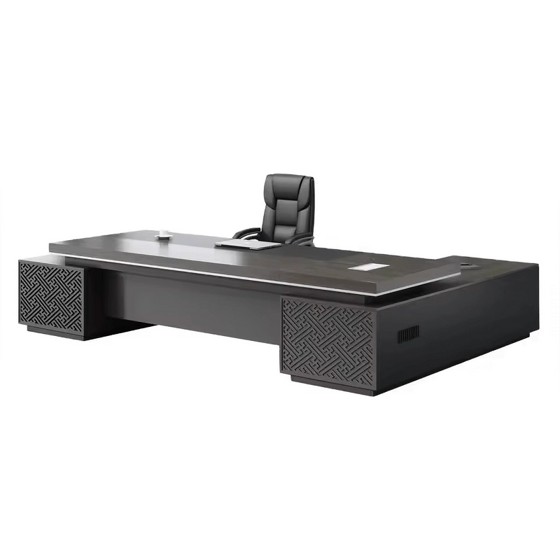 Caspian desk in gray oak, studio angle with patterned end panels