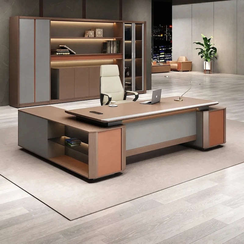 Cassel desk in birch and cognac in a night-view executive office