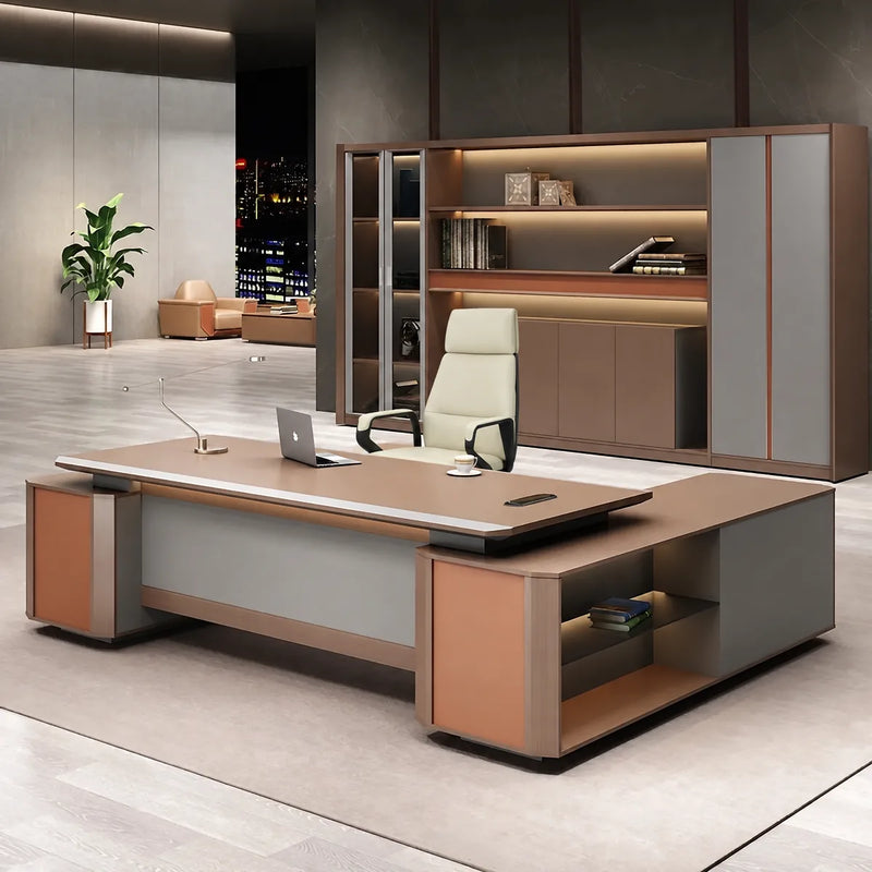 Cassel desk in sunset birch, left return, with open storage cube