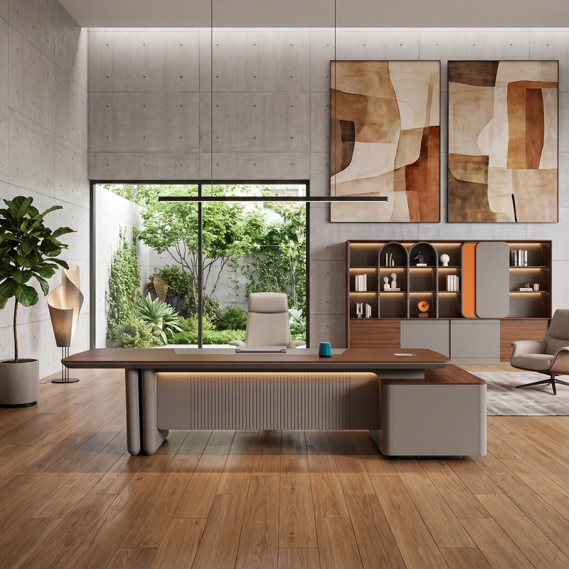 Caster executive desk in a concrete courtyard office with a garden window beside its matching shelving