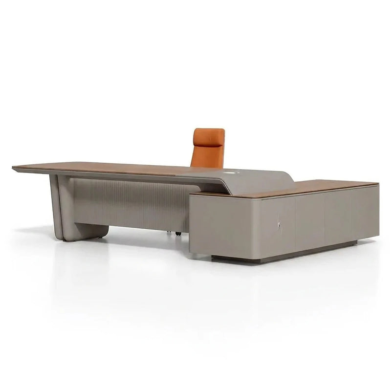 Caster executive desk in brown oak and ash gray with sweeping curved top