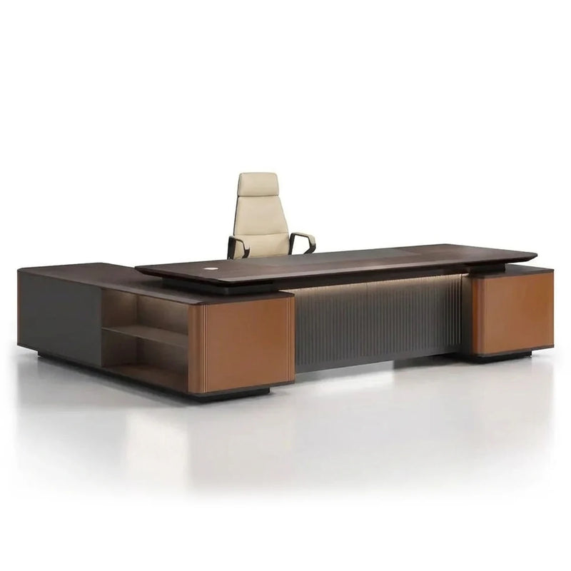 Wilcroft executive desk in dark woodgrain with cognac slat pedestals