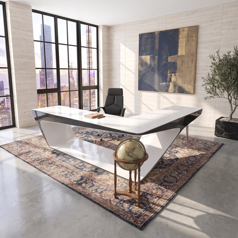 Chevron desk straight on in a tower office with city windows