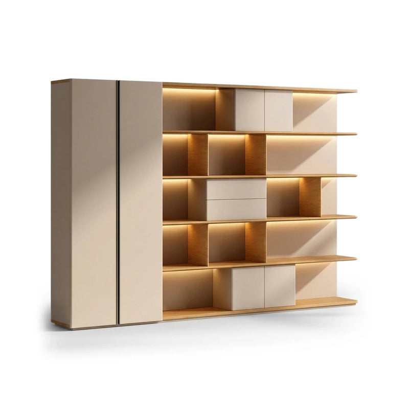 Tandra office wall unit in beige, angled view, tall suit closet door with a gold strip beside lit oak shelves