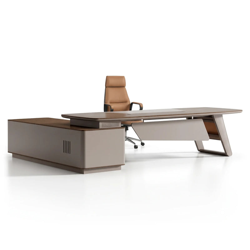 Canmore L-shaped desk in dark oak and taupe with sculpted legs