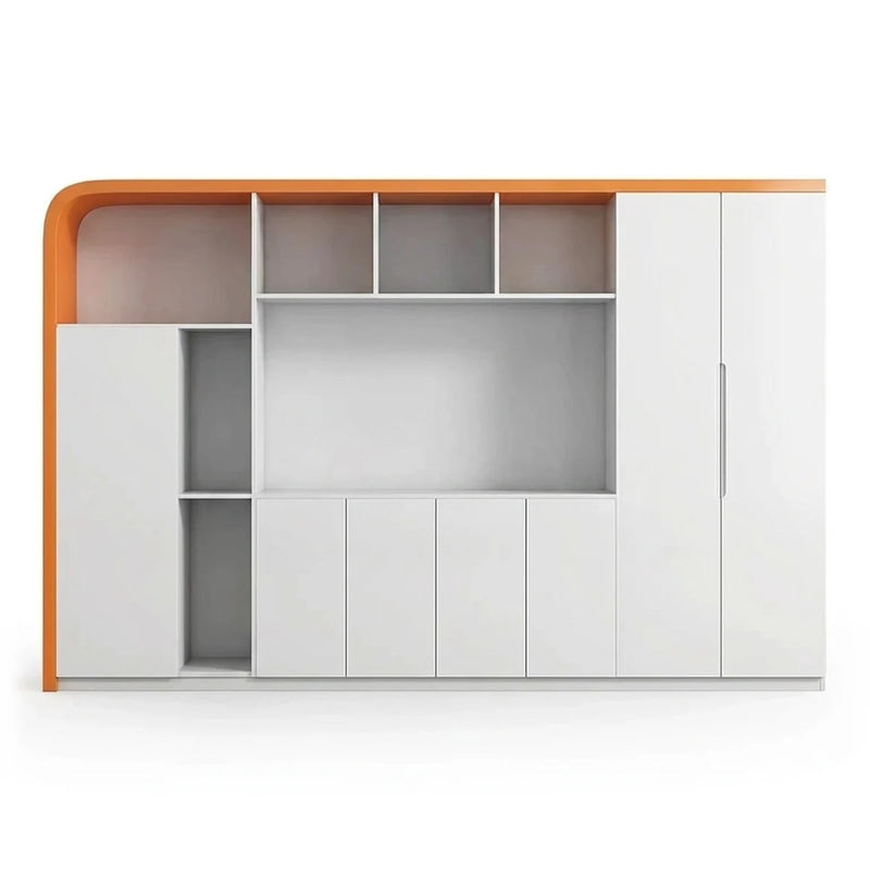 Kepler 10′6″ (126-inch) luxury office wall unit in glossy white, orange curved frame, open shelves, cabinets and closet doors