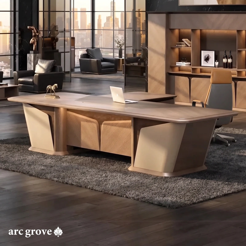 Cognac executive desk in beige and walnut with lit front panels in a black marble office with city windows