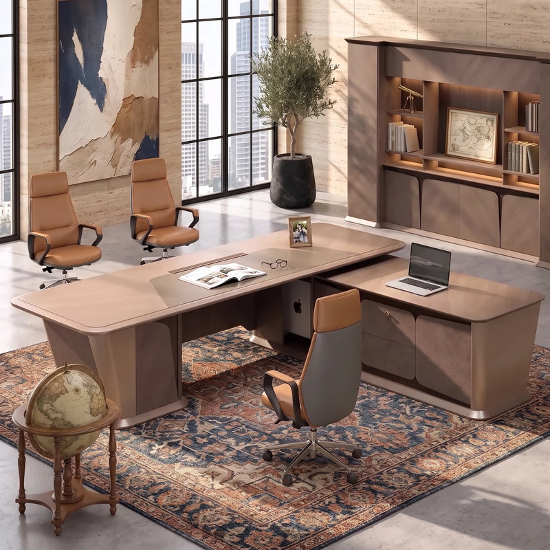 Overhead view of the Cognac desk in beige in a lounge-style suite