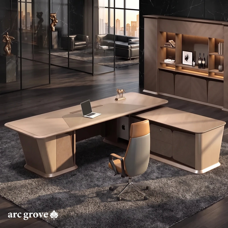Cognac L-shaped desk from above, with its return cabinet and visitor chairs