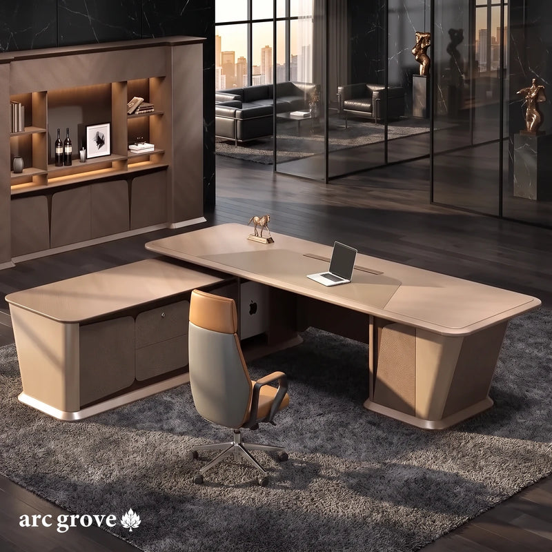 Cognac L-shaped desk from above, mirrored layout, in a black marble office