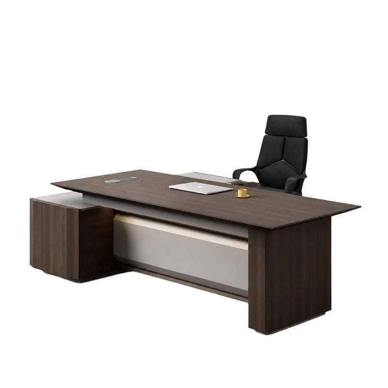 Cole L-shaped desk with panel legs, floating on white