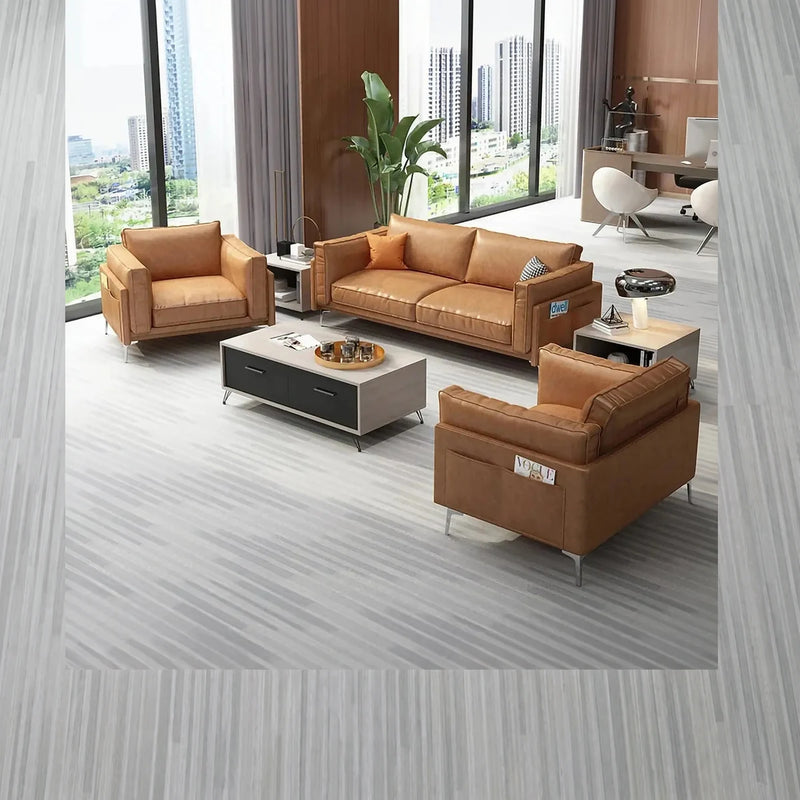 Kumla brown lounge set with a coffee table and side tables in a bright office with city views