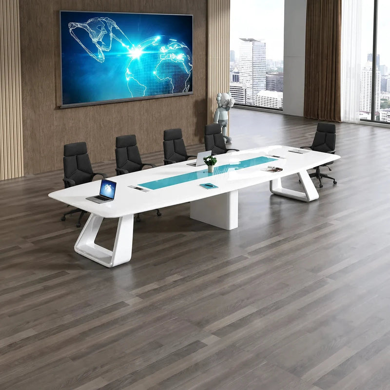 Concord white conference room table with orange chairs on dark wood flooring, world map on the wall screen