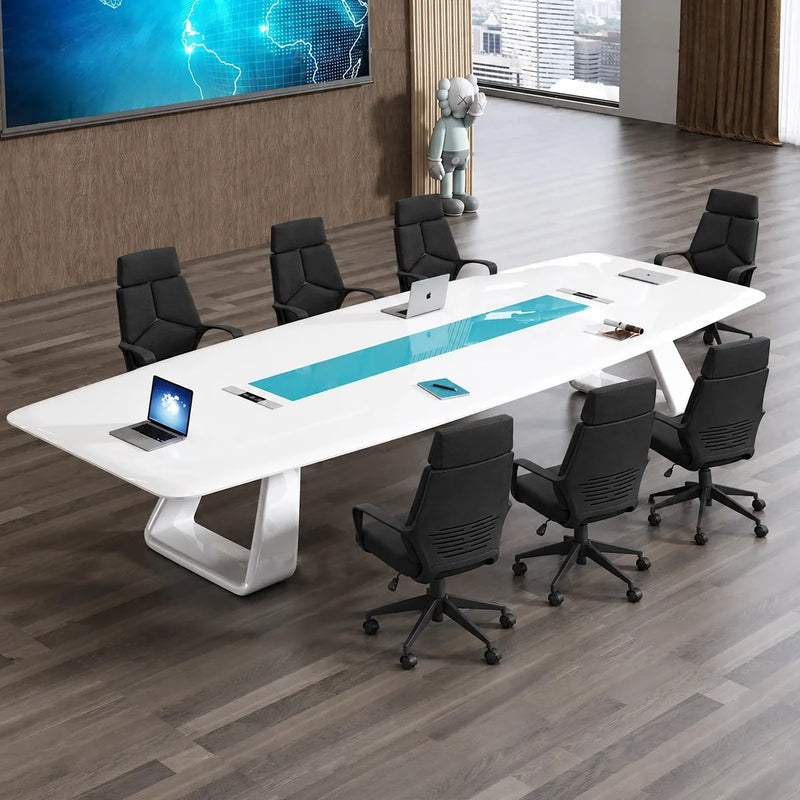 Concord 8′ (96-inch) six-seat meeting table in white high gloss with white leather chairs on a wood floor