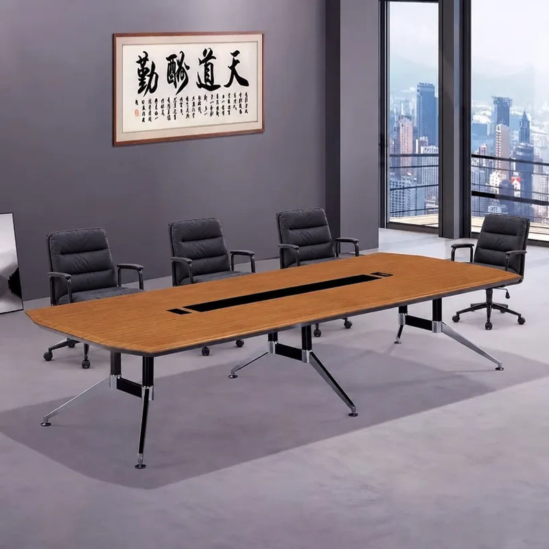 Convo cedar meeting room table with black leather chairs in a gray office with a city skyline window