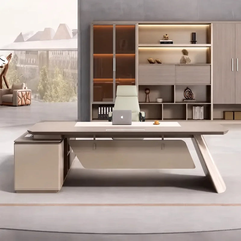 Copley desk in gray oak facing glass-front cabinets