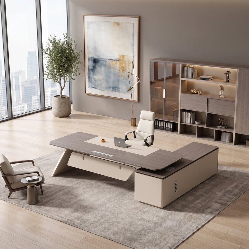 Copley executive desk in a glass-walled tower office with city views beside its matching shelving