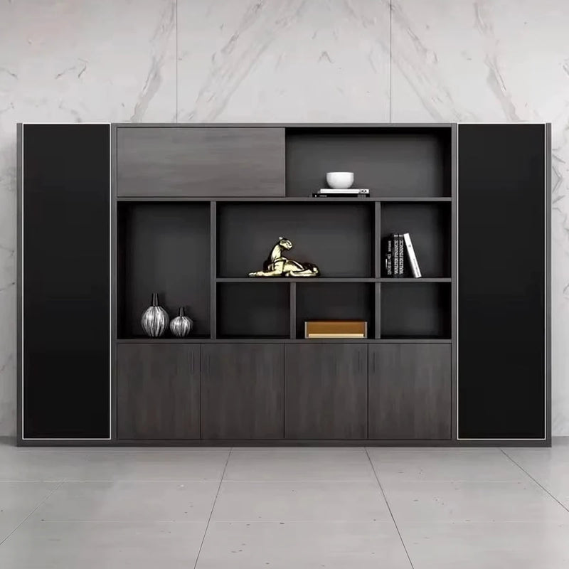 Winsor 9′2″ (110-inch) office shelves in midnight black against a marble wall, décor on the open grid
