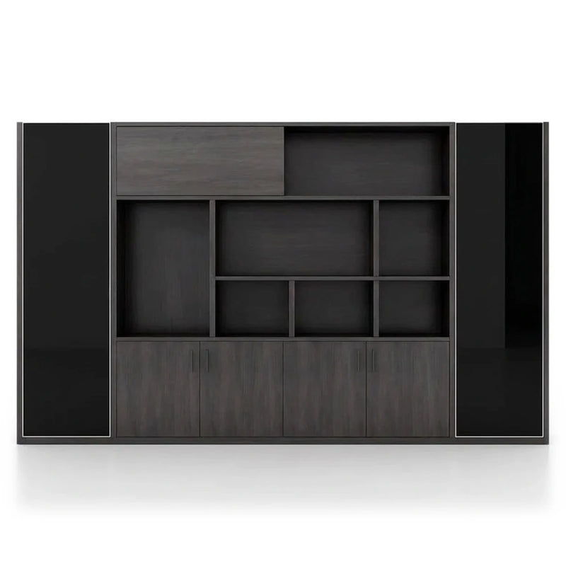 Winsor 9′2″ (110-inch) office wall unit, black gloss end doors, open grid shelves and dark oak lower cabinets, front view