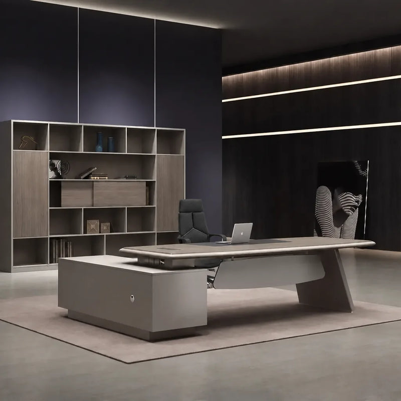 Corely manager desk, right return, in a dark gallery office
