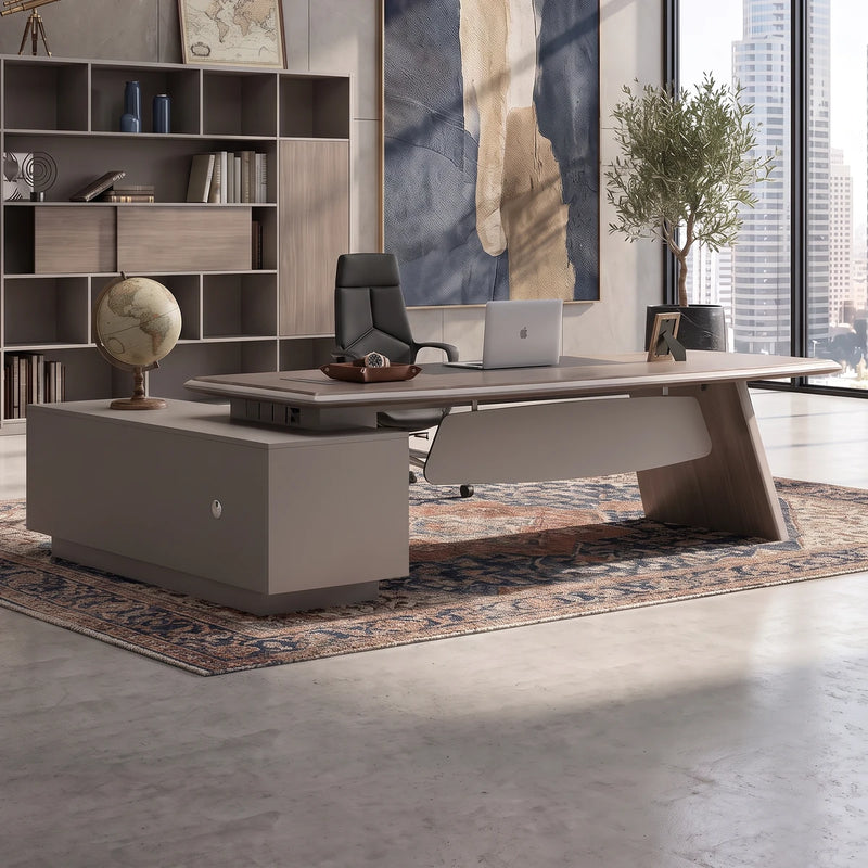 Corely desk in a gray stone tower office