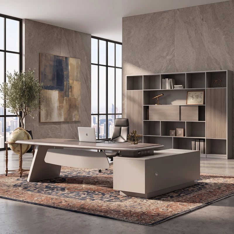 Corely desk with its angled leg in a gray stone tower office