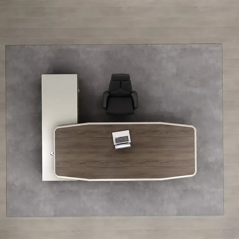 Corely desk from directly above with laptop and white side cabinet