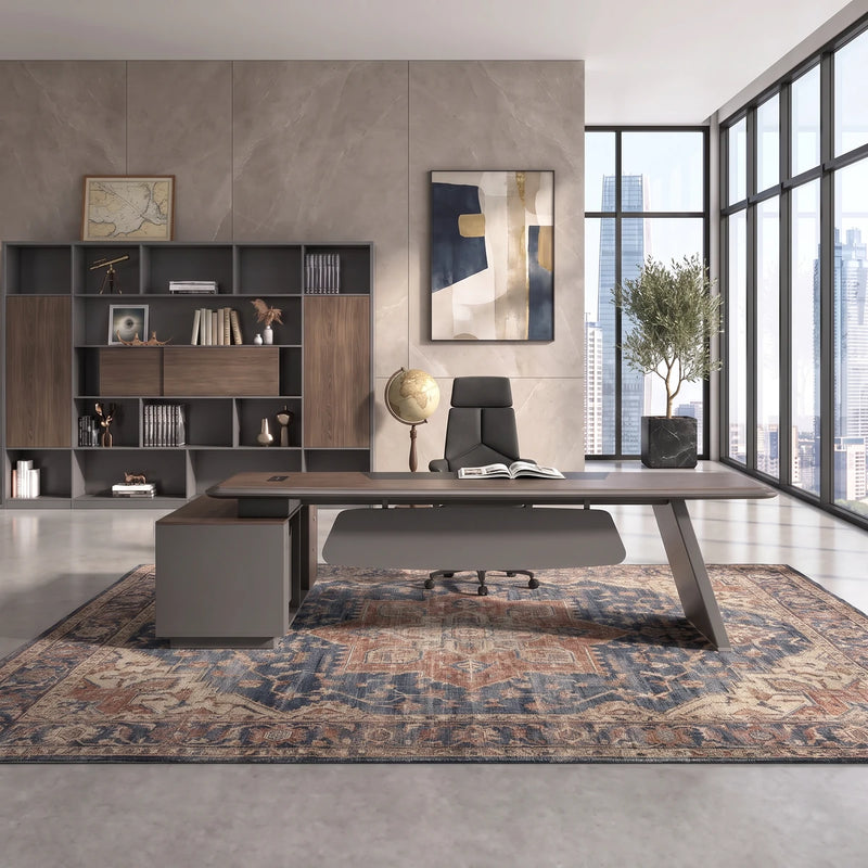 Corely desk straight on in a gray stone tower office