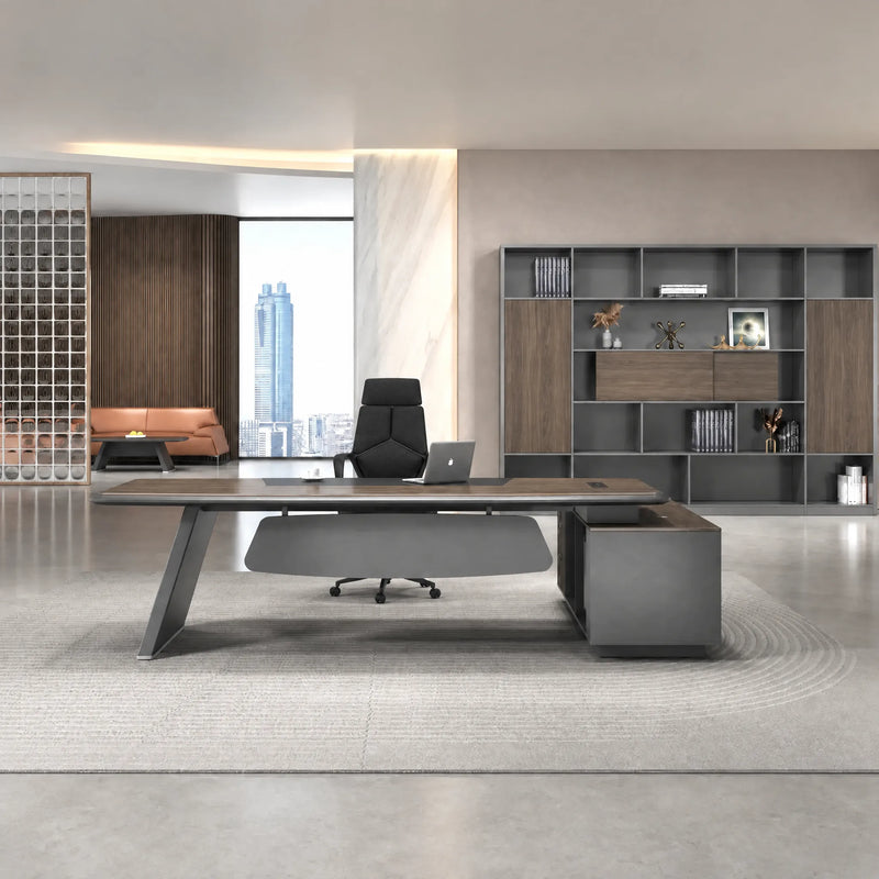 Corely desk in gray shimmer, left return, blade legs forward