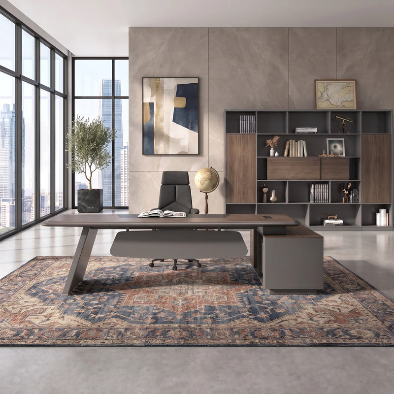 Corely desk, other return, in a gray stone tower office