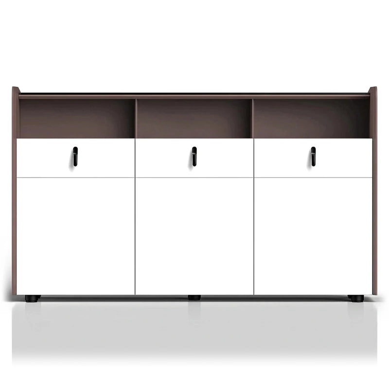Yarrow 4′7″ (55-inch) office credenza, three white door fronts below a row of open cubbies, dark mauve frame