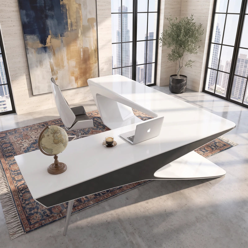 Chevron desk from the user's side in a stone tower office