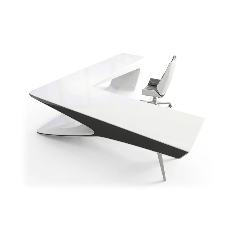 Chevron white L-shaped executive desk with sculptural V base