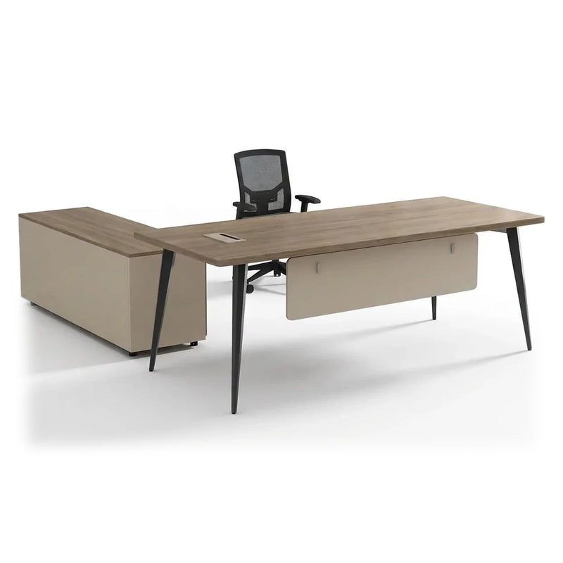 Tawn desk in amber oak with taupe pedestal and splayed legs