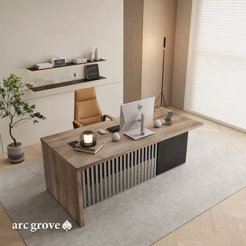Croft desk with black side panel and slatted front, side view