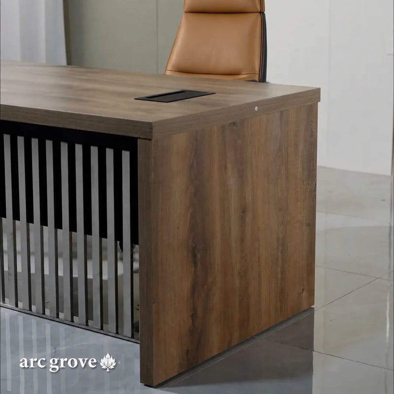 Croft mahogany end panel and desktop corner, close view