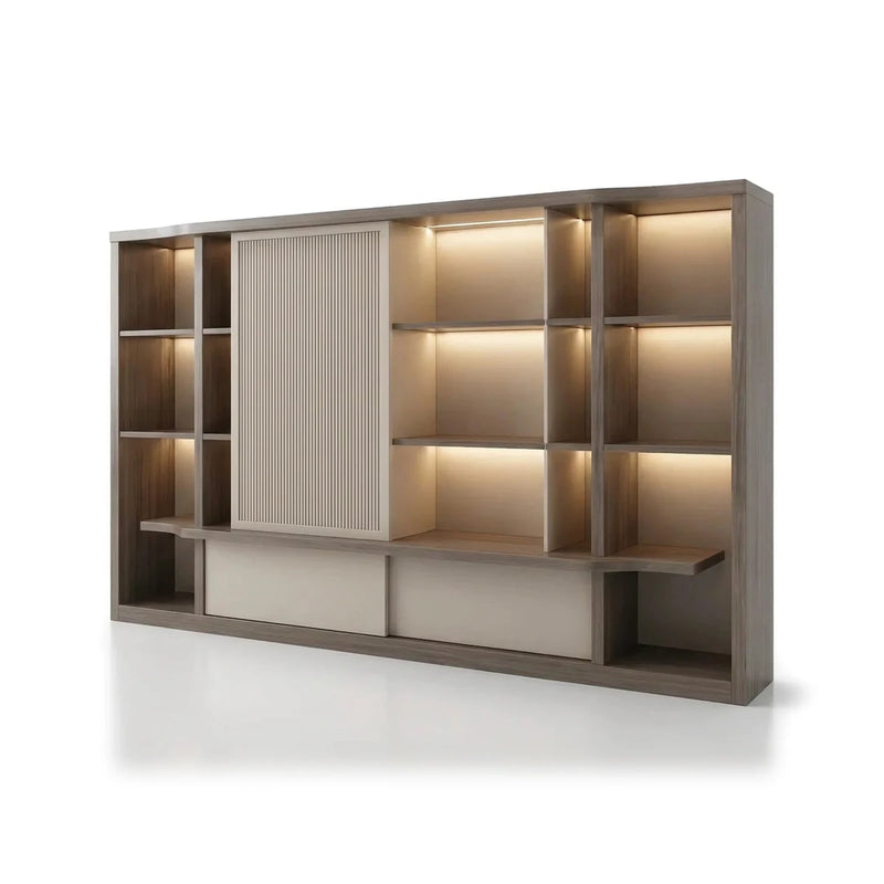 Alvric 7′3″ (87-inch) office wall unit in gray oak, reeded sliding panel over lit open shelves, beige storage cabinet below