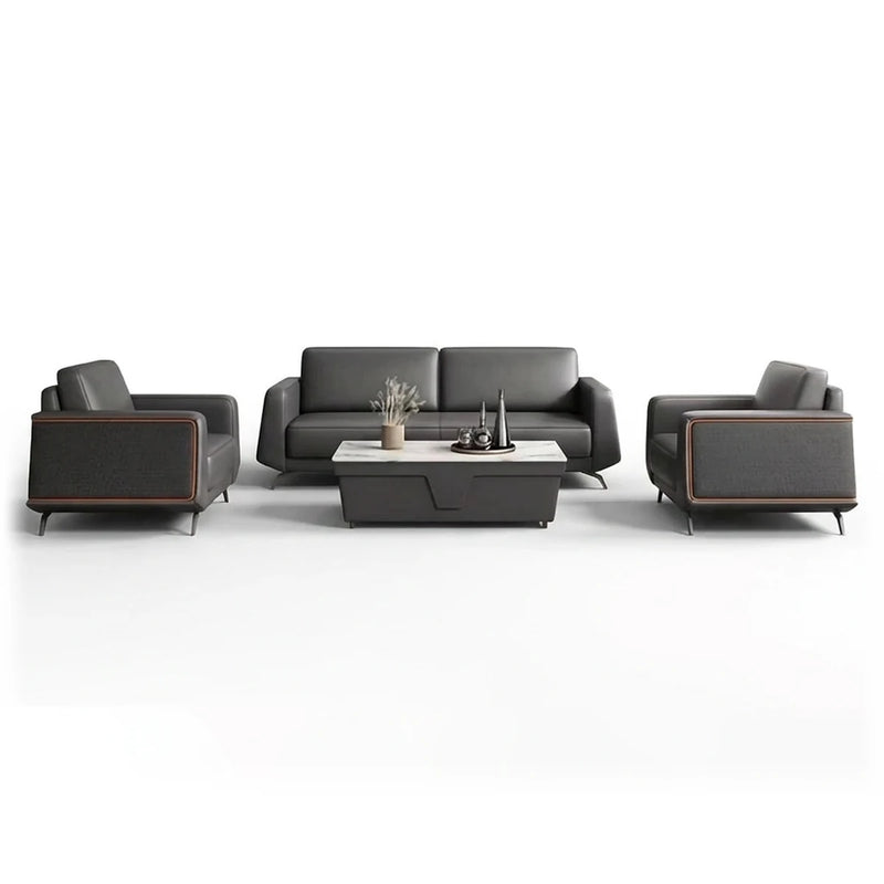 Lund executive office lounge conversation set in black upholstery with orange-piped side panels: 3-seater sofa and two arm chairs
