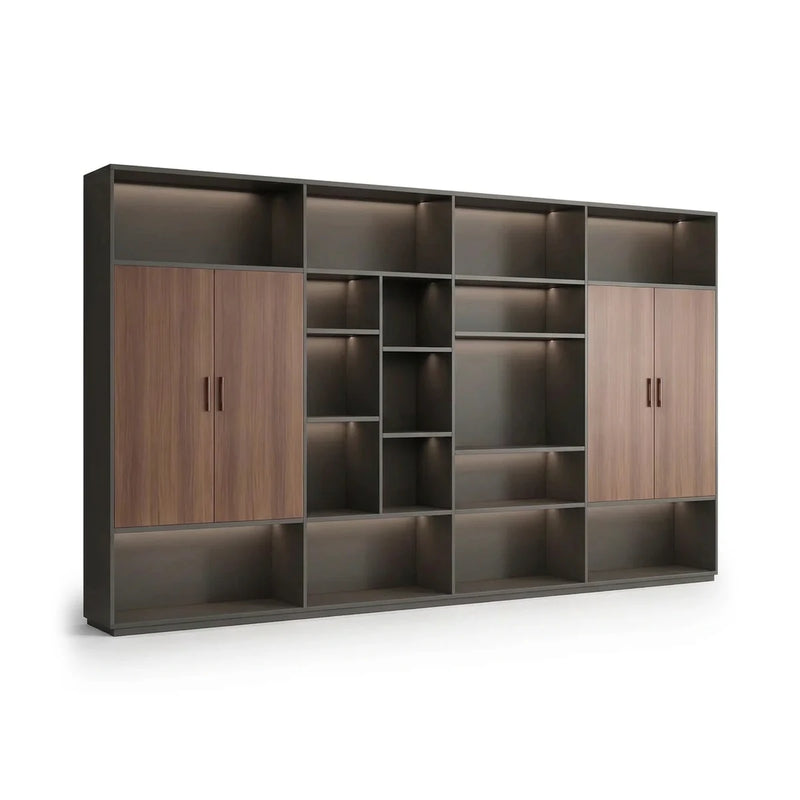 Renatus 11′10″ (142-inch) luxury office wall unit in red mahogany, open grid shelves with lit tiers between tall side cabinets