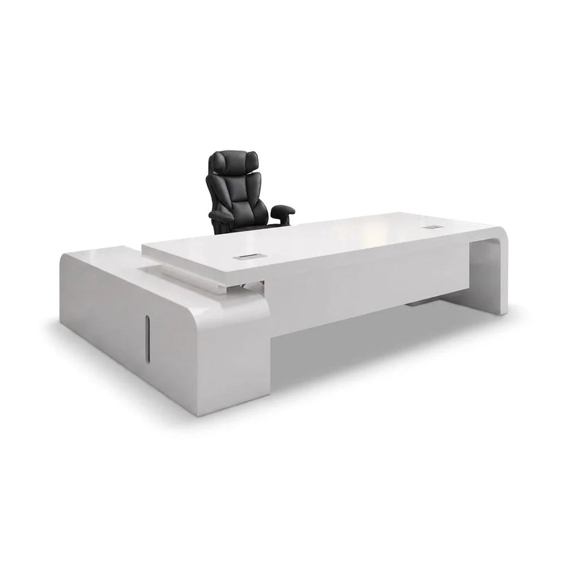 Halcyon white L-shaped desk with curved waterfall edges