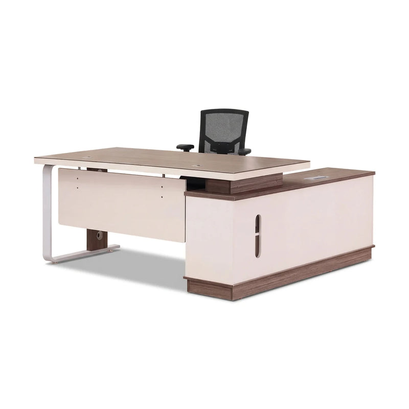 Halley desk in gray oak and white with loop metal leg