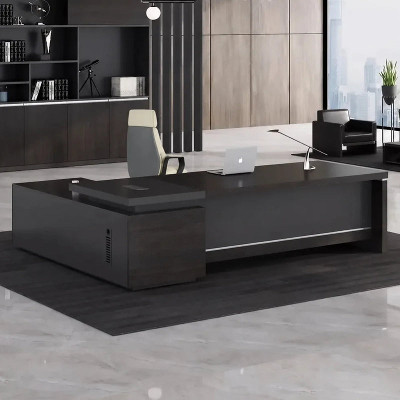 Danton desk in ebony in a dark-paneled CEO office with skyline view